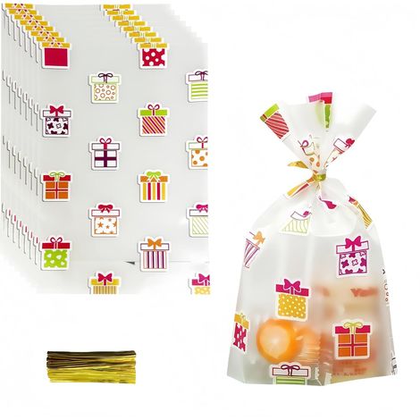 (50, 13x19+5cm (5.12x7.48+1.97 inch)) Pack Sacs Cadeaux Transparents avec Liens TorsadéS Sacs en Plastique à Fond Plat pour Bonbons pour Mariages Anniversaires et Autres Occasions SpéCiales