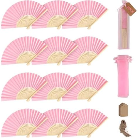 28 éventails en papier rose, 30 sachets en organza et cartes de remerciement, éventails en bambou pour mariages, baptêmes, décorations de fête à faire soi-même (1/5)