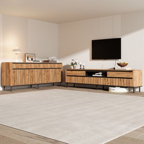 Conjunto de mueble para TV de 180x40x52 cm y aparador de 160x40x73 cm con sistema de gestión de cables, MDF y metal, color natural. (1/5)