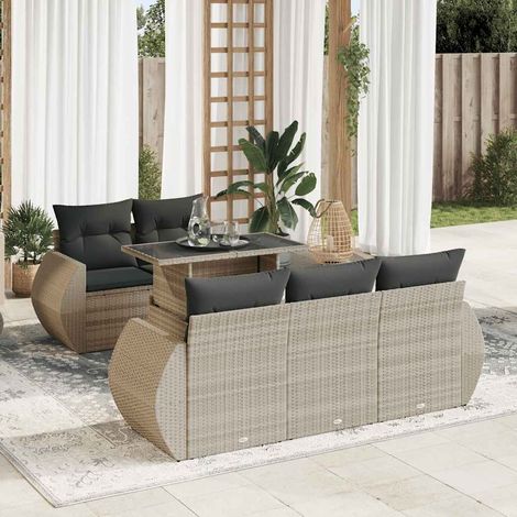 Salon de Jardin 6 Places en Résine Tressée Gris Clair avec Table Basse Réglable, Coussins Amovibles et Fonctions de Rangement (1/5)