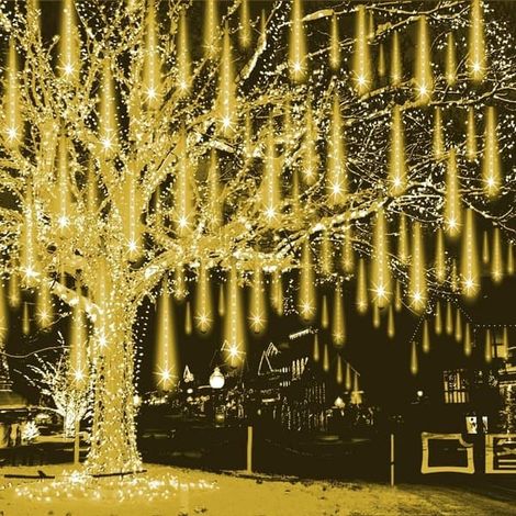 Guirlande lumineuse extérieure effet pluie de météores, 30 cm, 8 tubes, 192 LED, blanc chaud, pour décorer les arbres. (1/5)