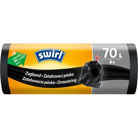 Sacs poubelle Swirl, extra résistants, a lien coulissant, noirs, 70 L, paquet de 8 pieces