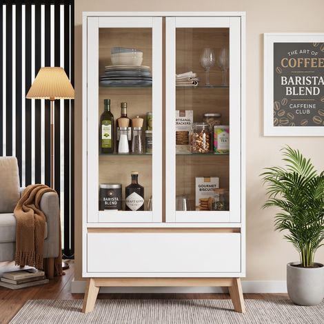Mobile contenitore 80 x 40 x 150 cm con cassetto e ripiani regolabili, bianco e legno DESVIAE (1/5)