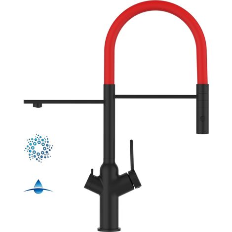 4 Wege Wasserhahn Kueche Spueltischarmatur Schwarz Matt Kuechenarmatur mit Rot 360 schwenkbarem Auslauf und abnehmbare 2 strahl Handbrause - BOD Design (1/4)