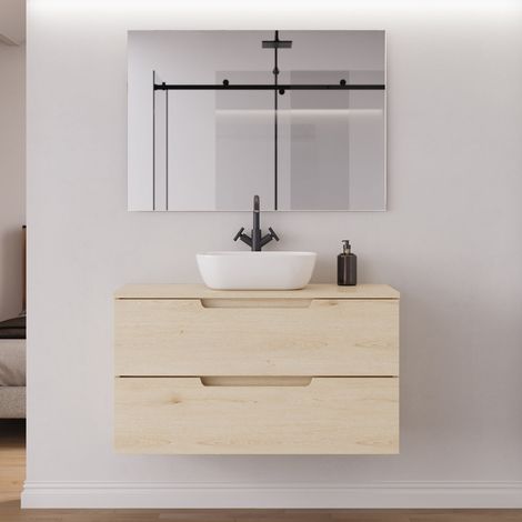 Meuble de salle de bain 100cm avec plateau et vasque à poser arrondie - 2 tiroirs - roble calima (bois clair) - SONRIZA (1/5)