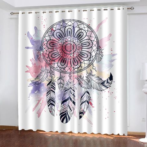 Rideaux à œillets pour chambre d'enfant - Plumes d'attrape-rêves bleues aquarelle 72 x 84 pouces - Rideaux 3D - Rideaux perforés opaques d'intérieur - Isolation et réduction du bruit - Applicable à la (1/5)
