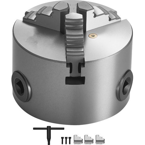 Mandrin 3 mors auto-centrant 80 mm, serrage 2-63 mm, mors réversibles, vis de fixation avec clé, matériau HT300, pour tour à bois et métal. (1/5)