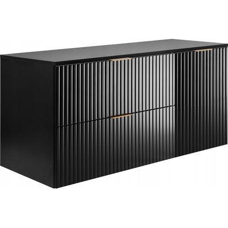 Rodan Badschrank 120 cm, Schwarz Matt und Holz, 46 x 120 x 57 cm, geriffelte Türen, schwarze Platte, feuchtraumgeeignet
