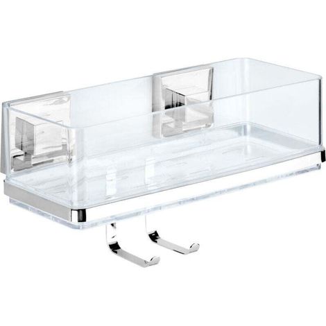 Etagère murale salle de bain Quadro, Panier de douche avec crochet, fixation sans perçage Vacuum-Loc®, repositionnable sans résidus, acier inox-plastique, 22,5x8,5x14 cm, brillant-transparent