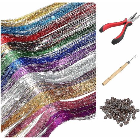 Fils scintillants pour cheveux avec outil, 12 teintes, 1800 brins, kit Fairy Hair, résistant à la chaleur, mèches tinsel de 120 cm (1/4)