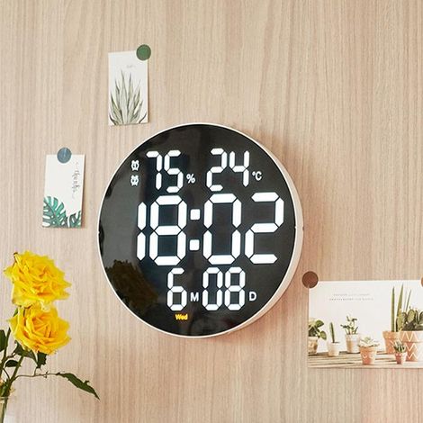 Horloge murale numérique multifonctionnelle ronde à grand écran LED de 10 pouces pour salon, silencieuse, indiquant l'heure, la date du jour de la semaine et la température. (1/5)