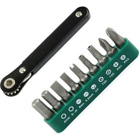 Jeu d’embouts à cliquet multifonction S2 – 10 pièces (fente, Torx, Phillips) pour visseuse, acier trempé haute résistance (1/4)