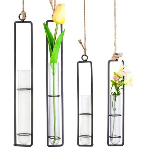 Juego de 4 jarrones de hierro forjado negro con cristal, jarrones de hierro forjado con cristal creativos, sencillos y hermosos, terrario hidropónico para bodas, hogar y oficina, y decoración de conte (1/5)