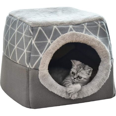Lit Pour Chat - Cabane Semi-Fermée Avec Coussin Intérieur Détachable - Matériau Velours Doux - Fond Anti-Dérapant - Lavable - 1 Pièce (1/5)