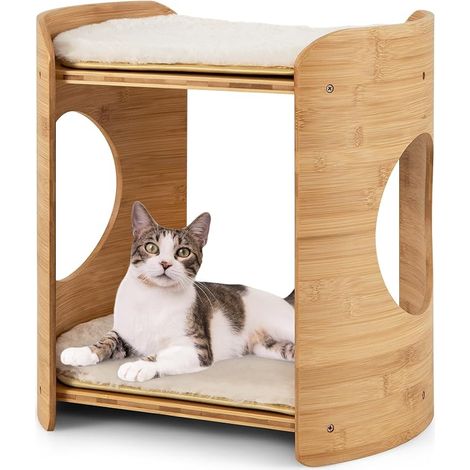 COSTWAY Letto Rialzato per Gatti, Cuccia per Gatti a 2 Livelli da Interno con Struttura in Bambù Naturale, Tappetini Morbidi Rimovibili e Lavabili, Lettino per Cuccioli e Gatti (1/5)