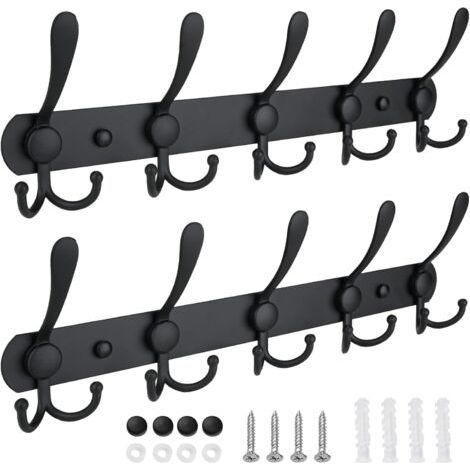 Porte-manteau mural, cinq crochets robustes, construction entièrement en métal pour veste, manteau, chapeau dans l'entrée du vestiaire (noir mat, paquet de 2)