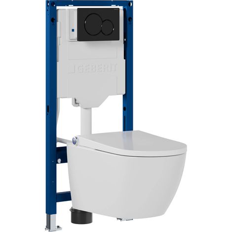 BERNSTEIN - Pack WC japonais Basic 1102 + Bâti-support Geberit, Toilettes suspendu lavant - 38x59x38cm - Plaque Noir Brillant (1/5)