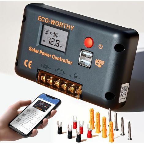 Contrôleur de Charge solaire 30 A pour Panneaux Solaires et Batteries, Contrôleur Intelligent avec 2 Ports USB, PWM 12/24 V, Compatible avec les Batteries au Lithium, au Plomb et au Gel. (1/5)