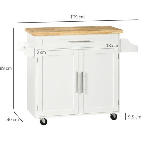 Desserte roulante blanche avec plan de travail, rangement pour épices et porte-serviettes, idéale pour cuisine, salon ou salle à manger, dimensions 109 x 40 x 89 cm, meuble d'appoint pratique. (1/5)