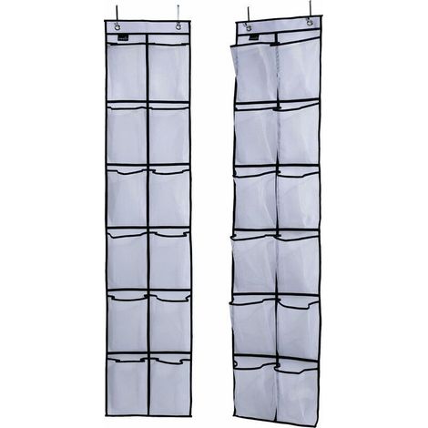 Organisateur Chaussures - Suspendu Porte Étroite - 12 Poches Maille Respirante - Lin Renforcé Dos - Blanc - Lot de 2 (1/5)