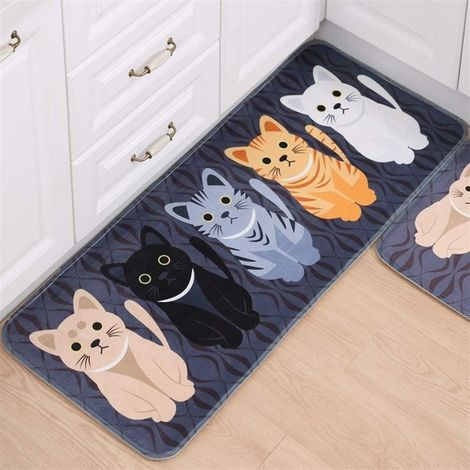 JSSEVN - Washable, Non-Slip Flannel Kitchen Mat with Cat Pattern, Doormat, Absorbent, Long, Anti-Fatigue, 40x60cm (1/4)