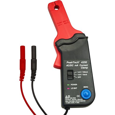 PeakTech 4250 - Adaptateur de Sonde de Courant 60 A AC/DC pour Multimetre, Prise 4 mm, Testeur de Courant, Voltmetre, Fonctionnement sur Batterie, Courant Continu/Courant Alternatif - CAT II 300 V (1/4)