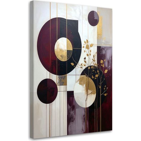 Impression sur Toile, Abstraction géométrique bordeaux de cercles et de plantes,20x30 (1/4)