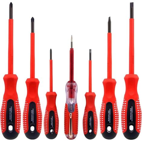 7 Piece 1000V Insulated Screwdriver Set Made from Premium CR-V Steel with Black Oxide Magnetic Bits and Non-Slip TPR Handle