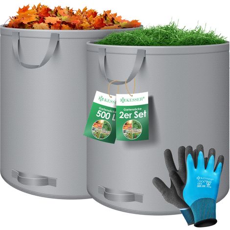 KESSER® Gartensack Set Laubsack Gartenabfallsack inkl. Handschuhe - Selbststehend 4 Griffe Stabil Robust & Faltbar - Laubsäcke Rasenschnitt Gartensäcke Grau / 2x 500 Liter