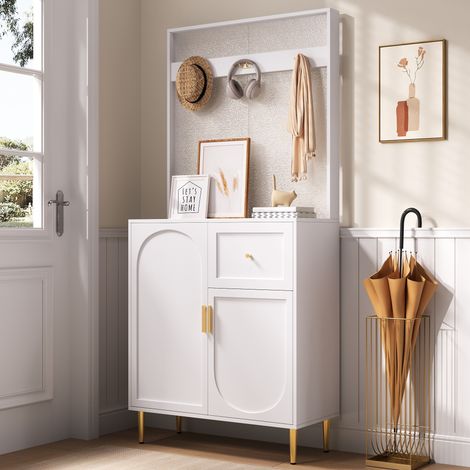 Set mobili da ingresso 80 x 35 x 175,5 cm bianco e dorato appendiabiti completo moderno con specchio rettangolare ganci appendiabiti e scarpiera bassa a 2 ante