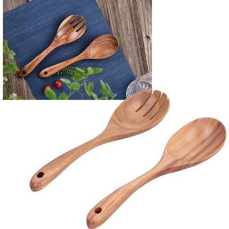 Juego de 2 piezas de cuchara y tenedor de madera para cocina, hogar, escuela, oficina, fiestas. (1/5)