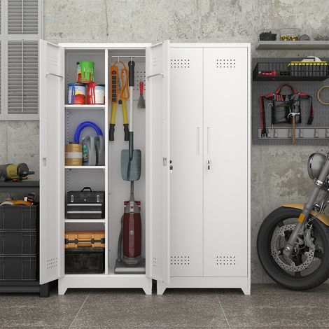 Armoire de rangement pour outils en métal White 65" avec portes verrouillables, étagères, tringle de suspension et crochets en S (1/5)