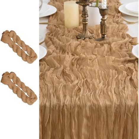 2er Set Tischläufer Khaki 90x300cm Gaze Stoff Boho Rustikal für Deko