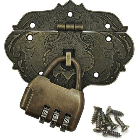 Vintage-Schlossriegel, Zahlenschloss, antiker bronzener Eisenverschluss für Schrank, Schmuckkästchen. (1/5)