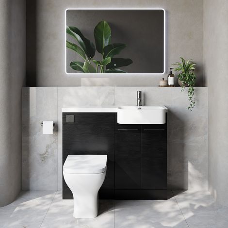 Napoli 250 Nero Oak 1000mm 2 Door Vanity Unit Toilet Suite with Right Hand Round Rico Semi Recessed Basin - 1000mm - Gunmetal Grey 160mm HandleWith Kingston Toilet Pan and Seat