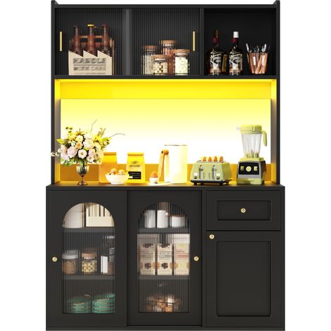 Armoire de cuisine haute, meuble vitré, buffet avec étagères réglables, meuble de salle à manger, buffet avec éclairage LED, noir (1/5)