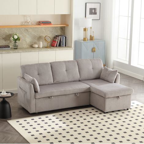 Divano letto angolare in velluto a coste grigio chiaro 206x108 cm con contenitore e chaise longue reversibile (1/5)