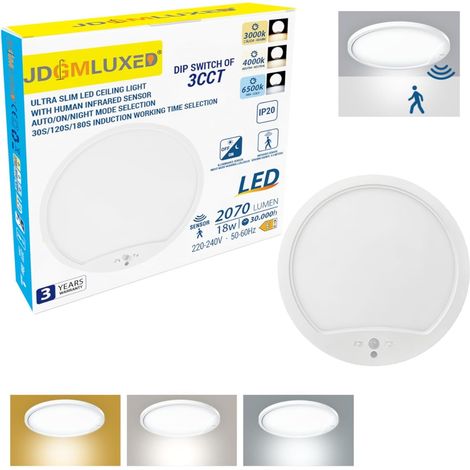 Lampe Détecteur de Mouvement Intérieur, 18 W, 3000K/4000K/6500K  Plafonnier LED Détecteur de Mouvement, 23×2,5 CM, 2070LM, Weiß, Pour Couloir, Sous-Sol, Escalier, Garage, Chambre à Coucher (1/5)