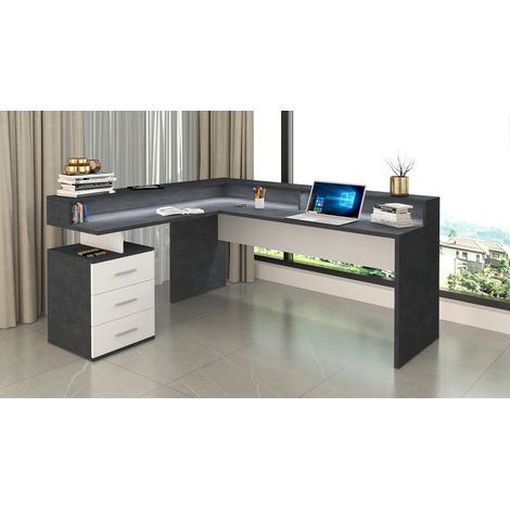 Bureau d'angle avec réhausse blanc brillant/ardoise Sevina (1/5)