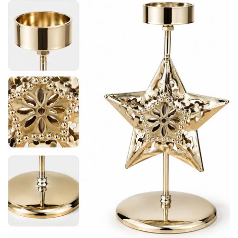 Set de 2 Bougeoirs de Noël en Fer Forgé Doré - Grand Flocon de Neige + Étoile 3D, Chandeliers Décoratifs de Table (Sans Bougie)1 Pièce (1/5)