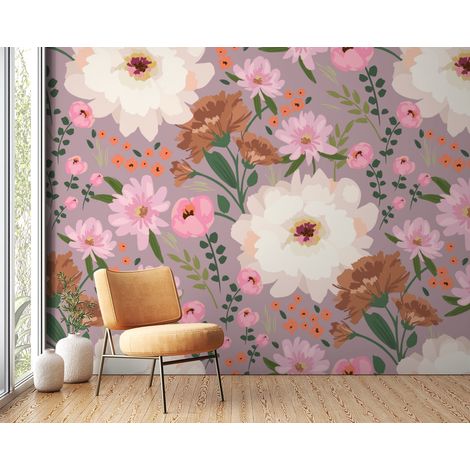 Papier peint fleuri - pivoines lilas vintage - 400 x 260 cm (1/2)