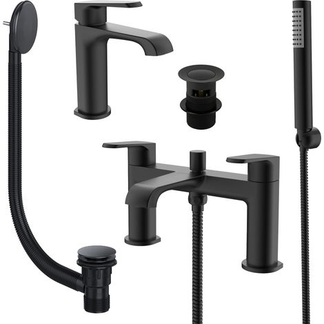 Matt Black Basin Sink Tap & Bath Shower Mixer Set with Matching Waste Plugs (1/4)