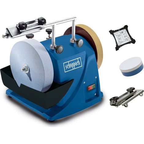 Scheppach Affûteuse à Eau TIGER2000S - Moteur à induction 120W - Meule en corindon supérieur Ø200mm - Dispositif pour outils standard droits - Pâte à poncer - Disque à poncer - Gabarit d'angle
