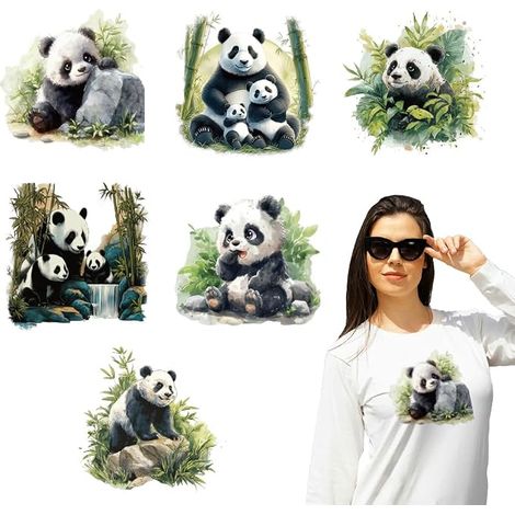 6 Sheets Cartoon Panda Iron on Stickers, Watercolor Panda with Bamboo Printing Transfer Stickers for DIY T-Shirt Families Clothes Hat Decoration (1/5)