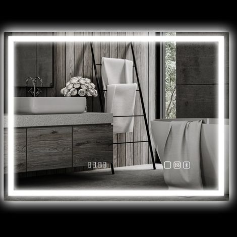 Specchio bagno LED 80x60 cm antiappannamento Bluetooth, 3 colori di luce, vetro argentato (1/5)