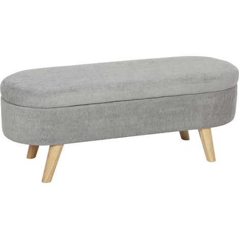 HOMCOM banco pie de cama, puff almacenaje tapizado en terciopelo de Teddy con patas de madera y asiento acolchado, banco ovalado, gris claro
