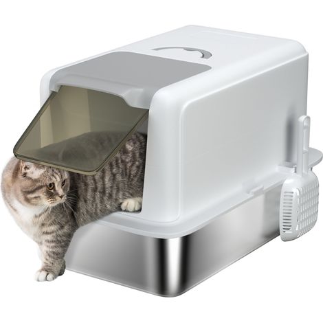 Bac à litière pour chat, en acier inoxydable, argenté, 40,5 x 60,5 x 41,5 cm, 6 kg, nettoyage pratique, toilettes chat maison brillant