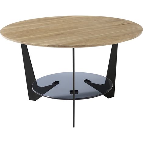 Table basse ronde en bois coloris chêne, verre et métal laqué coloris noir mat - diamètre 70 x profondeur 40 cm (1/4)