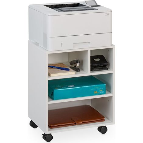 Relaxdays Mobile Filing Cabinet, 4 Compartments, Office Storage, Printer Stand on Wheels, HWD: 49 x 40 x 30 cm, White (1/5)