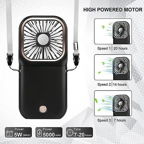 ventilateur Usb (noir) Mini Ventilateur Ventilateur Main Silencieux Suspension, Usb Rechargeable Avec 3 Vitesses, Fan Pliable Et Portable Pour Ma (1/5)